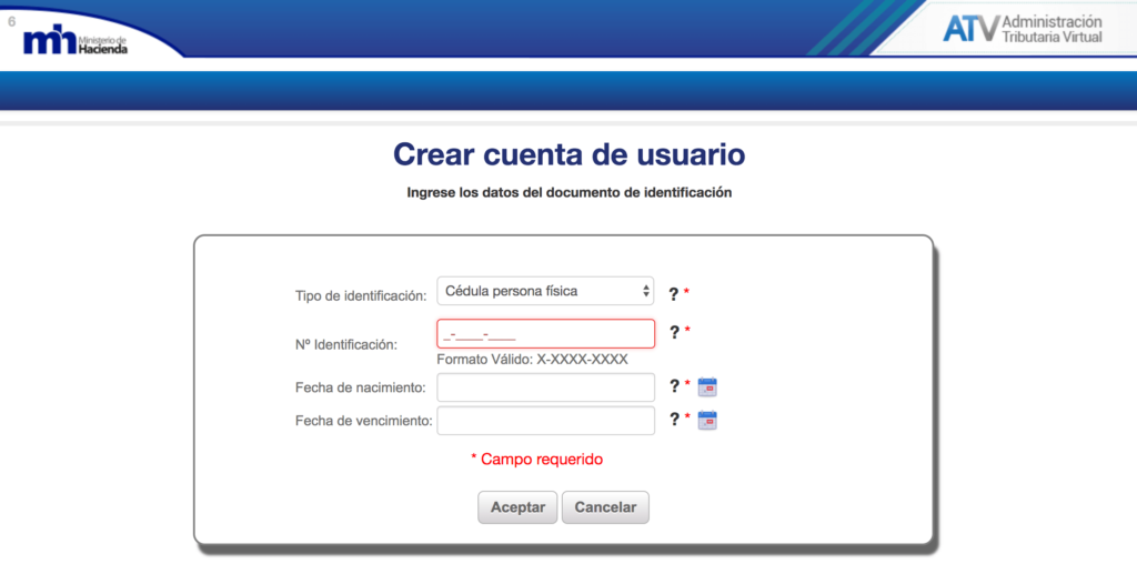 Creación de cuenta de usuario en ATV - Ministerio de Hacienda Costa Rica